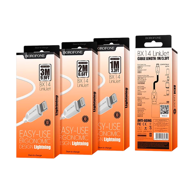 Кабель Borofone BX14 USB (m)-Lightning (m) 1.0м 2.0A ПВХ белый (1/360)
