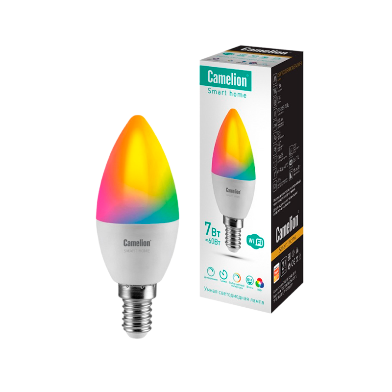 Лампа светодиодная Camelion C35 E14 7W 220V свеча Smart Home RGB+WiFi LSH7 (1/10/100)