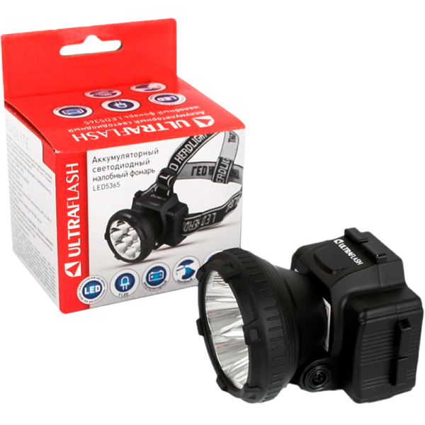 Фонарь налобный Ultraflash LED5365 0.6W 5LED от аккумулятора 2 режима черный (1/5/100)