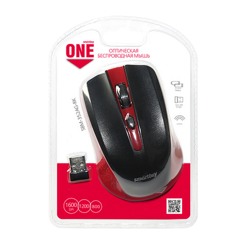 Мышь беспроводная Smartbuy 352AG ONE классическая USB красный черный (1/60)
