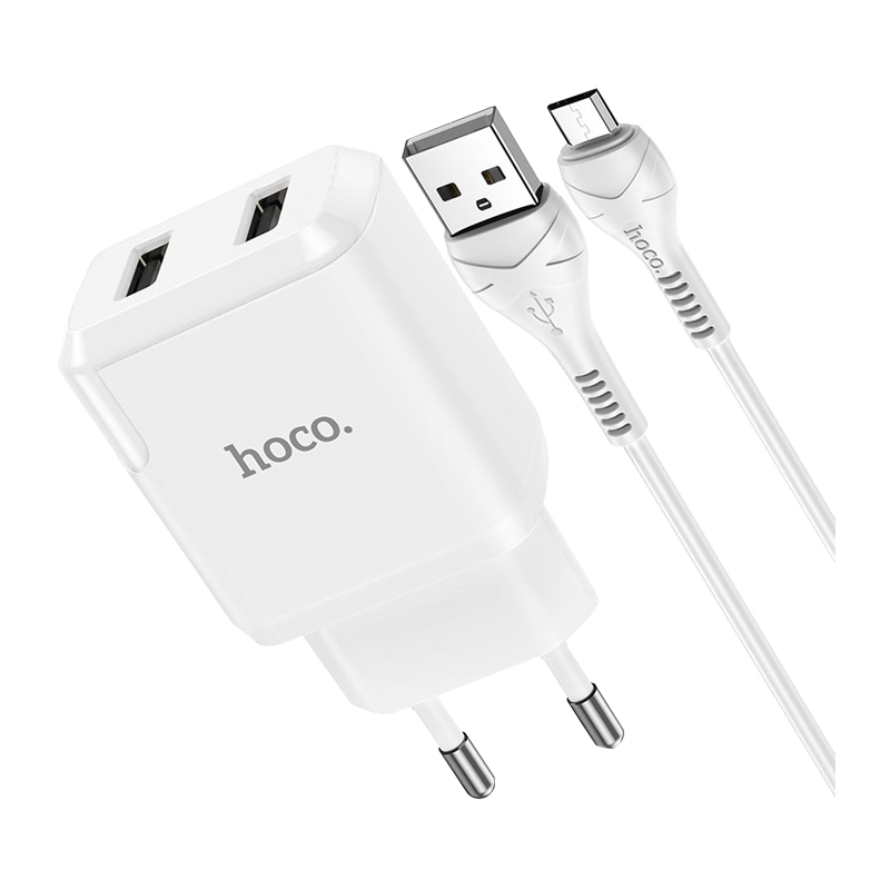 Сетевое З/У HOCO N7 2USB 2.1A с кабелем microUSB белый (1/20/120)