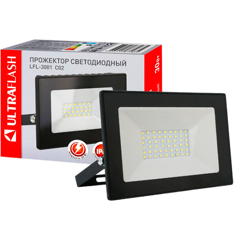 Прожектор светодиодный Ultraflash LFL-3001 30W 230V IP65 6500К холодный черный (1/20)