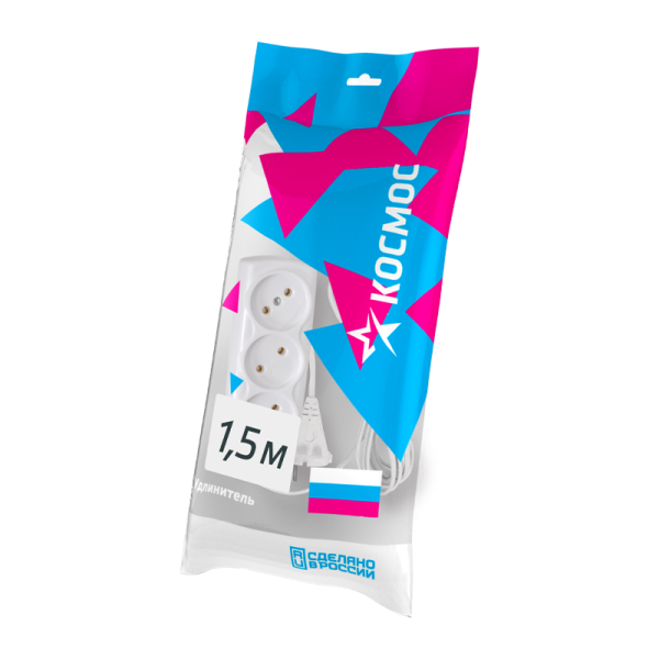 *Удлинитель Космос 3р.Б/З 6A 1.5м ШВВП 2x0.75мм белый (1/60) 