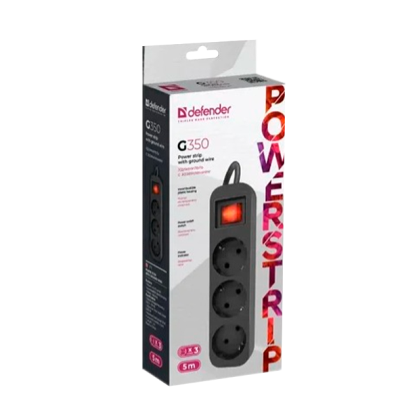 Удлинитель Defender G350 3р.С/З 10A 5.0м с выкл. черный (1/35)
