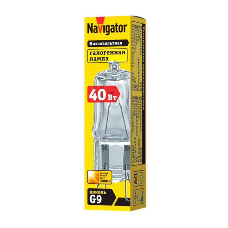 Лампа галогенная Navigator JCD9 G9 40W 3000К 230V капсула прозрачная (1/20/1000)