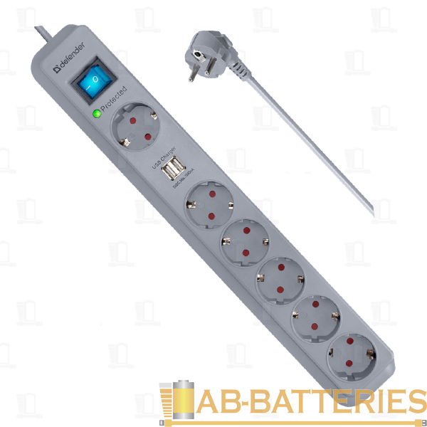 Сетевой фильтр Defender DFS 501 6р.С/З 10A 2USB 525 Дж 2.0м серый (1/30)