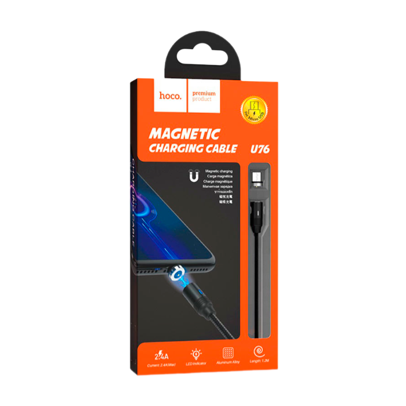 Кабель HOCO U76 USB (m)-microUSB (m) 1.2м 2.4A нейлон магнит черный (1/22/220)