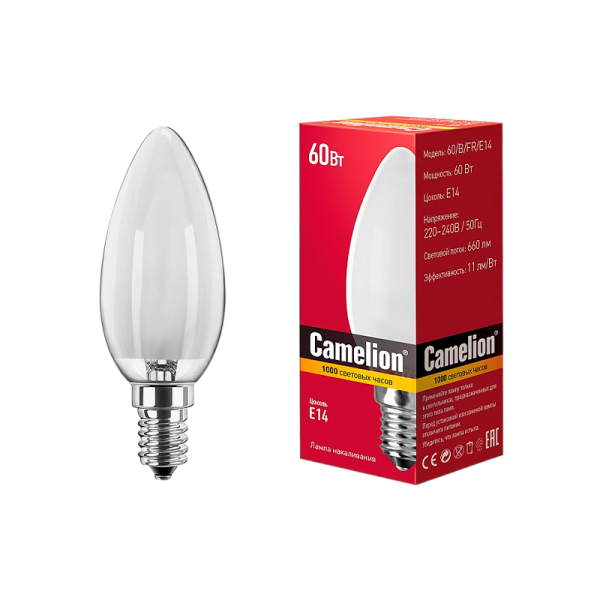 Лампа накаливания Camelion E14 60W 220V свеча матовая (1/100)