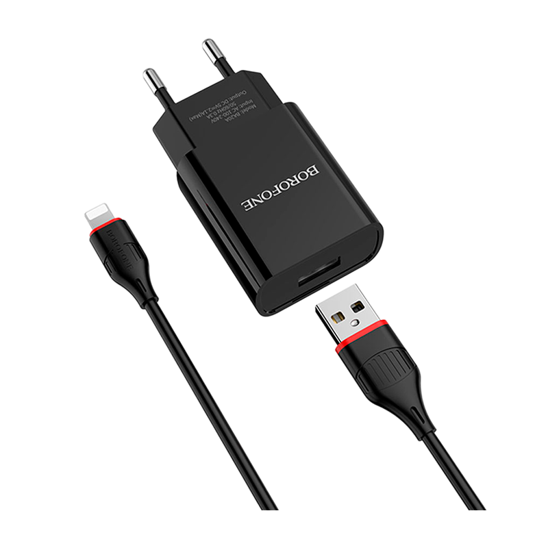 Сетевое З/У Borofone BA20A 1USB 2.1A с кабелем Lightning черный (1/48/192)