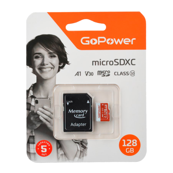 Карта памяти microSD GoPower 128GB Class10 UHS-I (U3) 100 МБ/сек V30 с адаптером