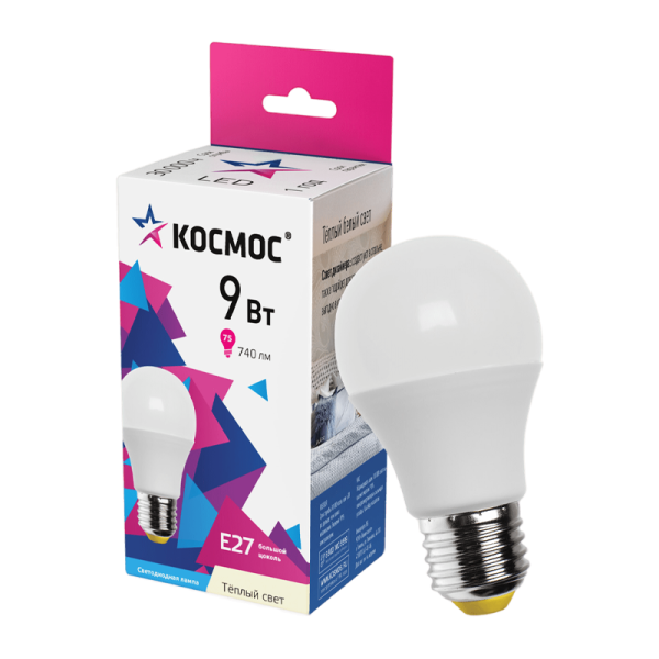 *Лампа светодиодная Космос A55 E27 9W 3000К 200-240V груша матовая (1/10/100) 