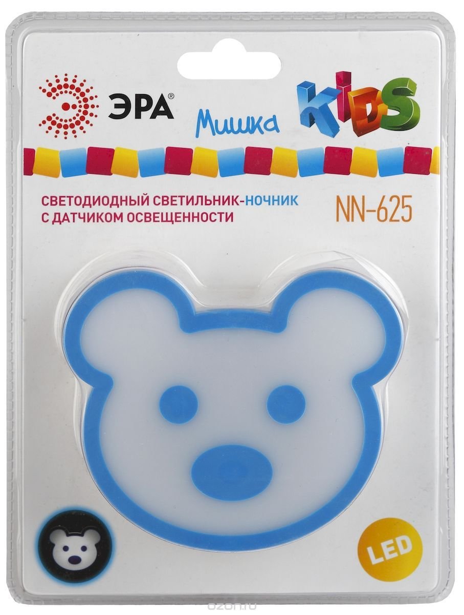 Ночник ЭРА NN-625 3LED 0.5W 220V в розетку с фотосенсором синий (1/12)