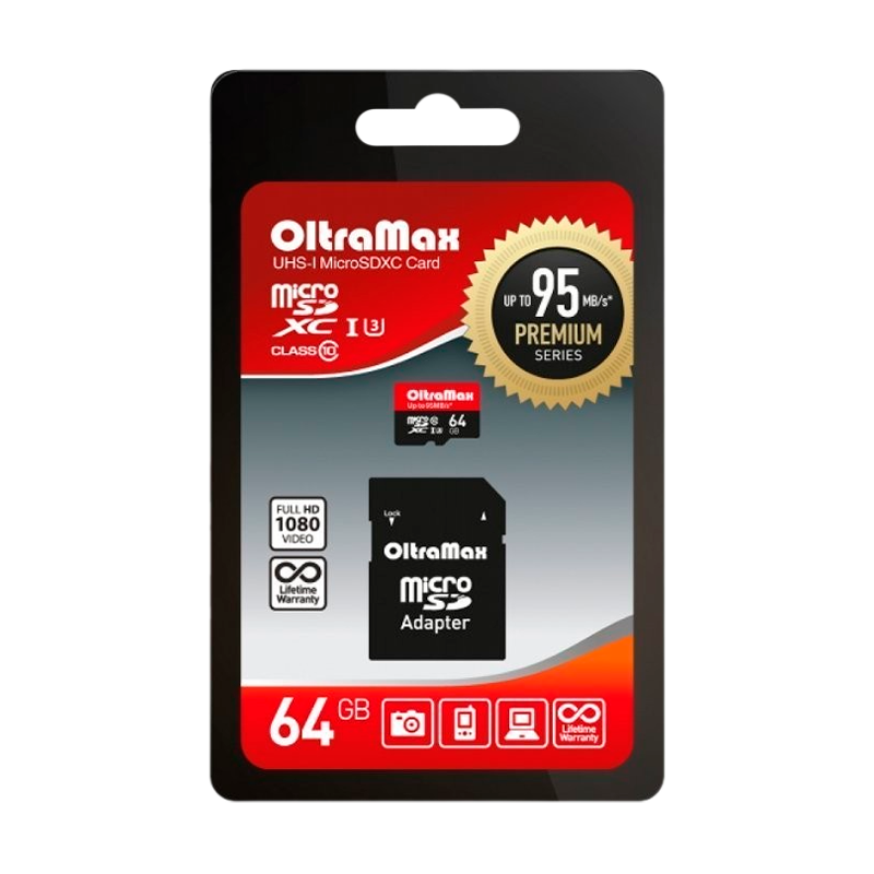 Карта памяти microSD OltraMax 64GB Class10 UHS-I (U3) 95 МБ/сек с адаптером