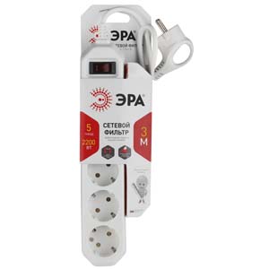 Сетевой фильтр ЭРА USF 5р.С/З 10A со шторкой 3.0м белый (1/20)