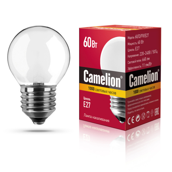 Лампа накаливания Camelion E27 60W 220V шар прозрачная (1/100)