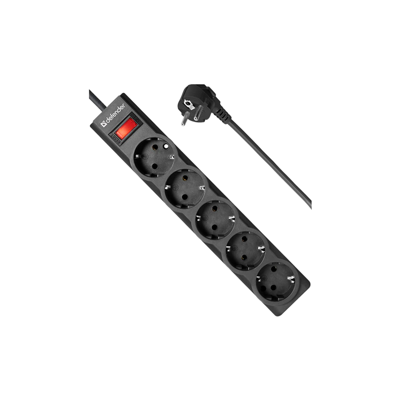 Сетевой фильтр Defender ES largo 5р.С/З 10A с выкл. 125 Дж 1.8м черный (1/30)