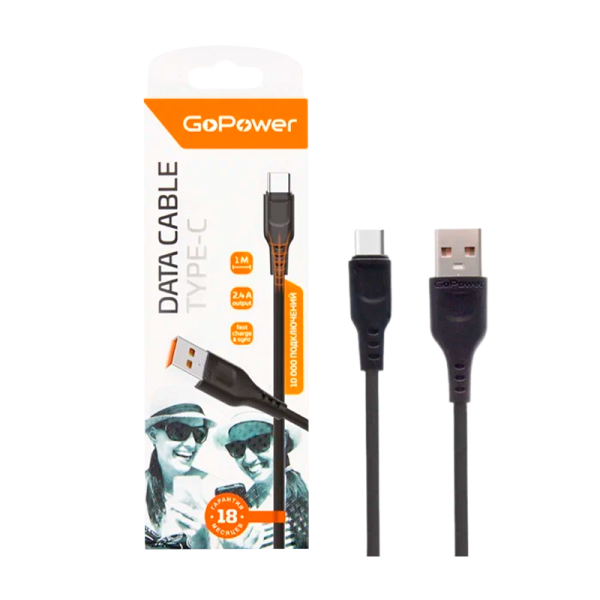 Кабель GoPower GP01T USB (m)-Type-C (m) 1.0м 2.4A ПВХ черный (1/200/800)