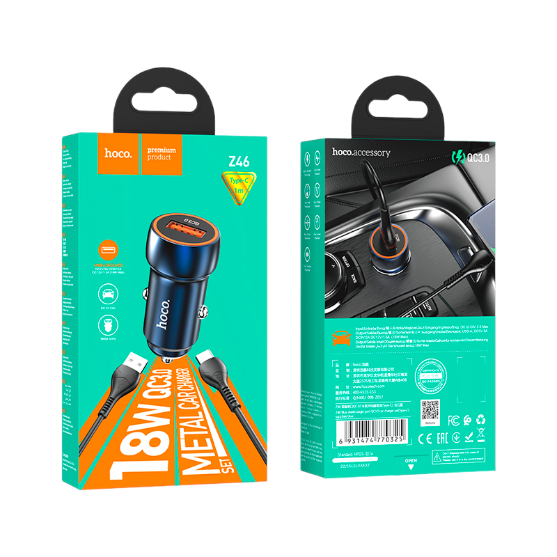 Автомобильное З/У HOCO Z46 Type-C 18W QC3.0 синий (1/13/130)