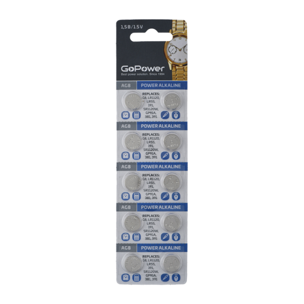 Батарейка GoPower G8/LR1120/LR55/391A/191 BL10 Alkaline 1.55V (10/1000/3600)