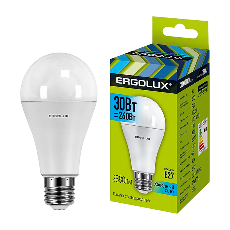 Лампа светодиодная Ergolux A70 E27 30W 4000К 172-265V груша ЛОН (1/10/100)