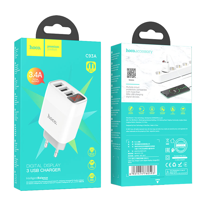 Сетевое З/У HOCO C93A 3USB 3.4A белый (1/12/120)