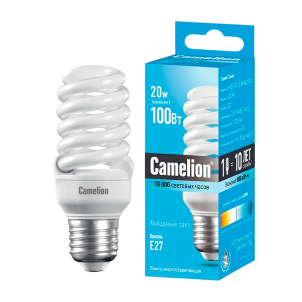 Лампа энергосберегающая Camelion T2 E27 20W 4200К 220-240V спираль (1/5/25/100)
