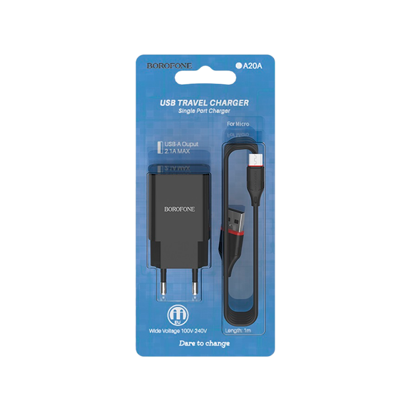 Сетевое З/У Borofone BA20A 1USB 2.1A с кабелем microUSB черный (1/48/192)