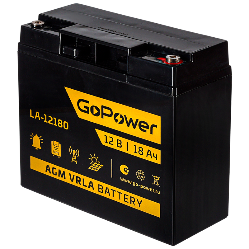 Аккумулятор свинцово-кислотный GoPower LA-12180 12V 18Ah клеммы под болт M5 (1/2)