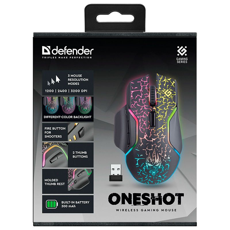 Беспроводная игровая мышь Oneshot GM-067 черный,LED,7D,300 мАч, 3200dpi DEFENDER