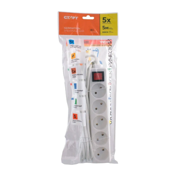 Удлинитель Старт S 5р.Б/З 10A 5.0м с выкл. белый