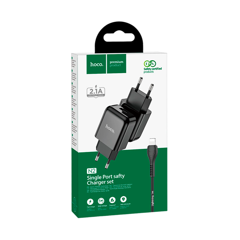 Сетевое З/У HOCO N2 1USB 2.0A с кабелем Lightning черный (1/13/130)