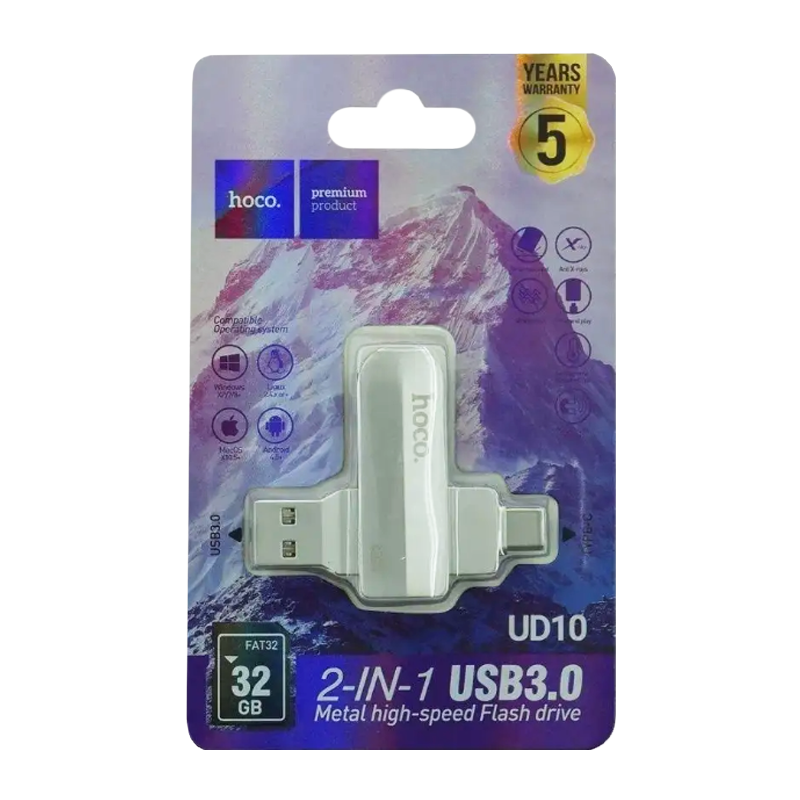 Флеш-накопитель HOCO Wise UD10 32GB USB3.0 Type-C (m) металл серебряный (1/25)
