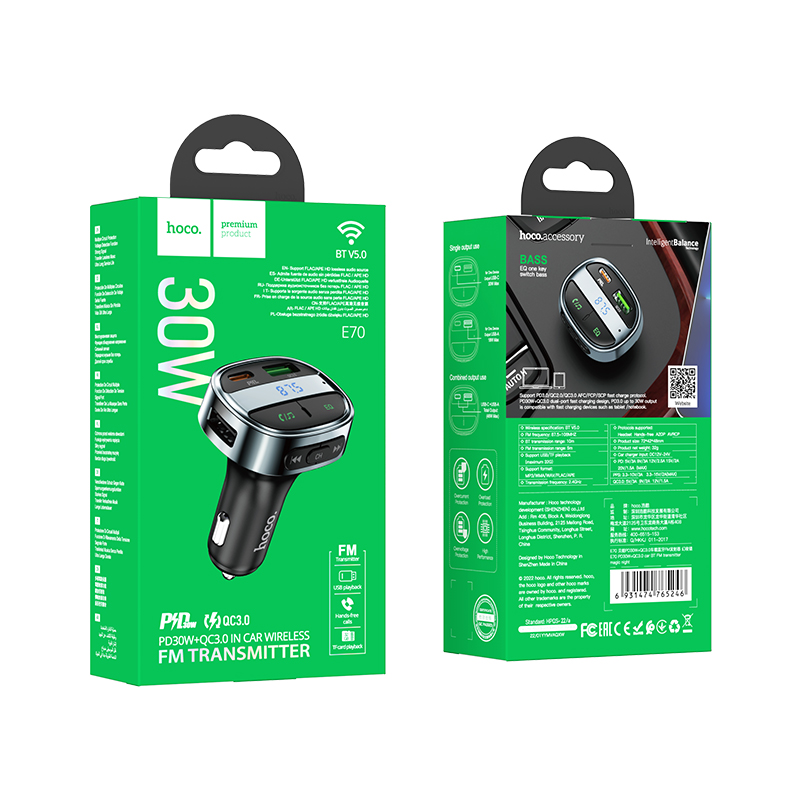 FM-трансмиттер HOCO E70 1USB/Type-C bluetooth 5.0 QC3.0 черный (1/120)