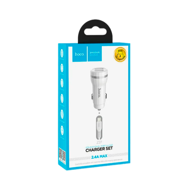 Автомобильное З/У HOCO Z27 2USB 2.4A с кабелем Lightning белый (1/10/100)
