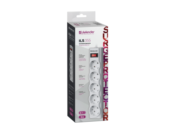 Сетевой фильтр Defender ILS 355 5р.С/З 10A с выкл. 125 Дж 5.0м белый (1/30)