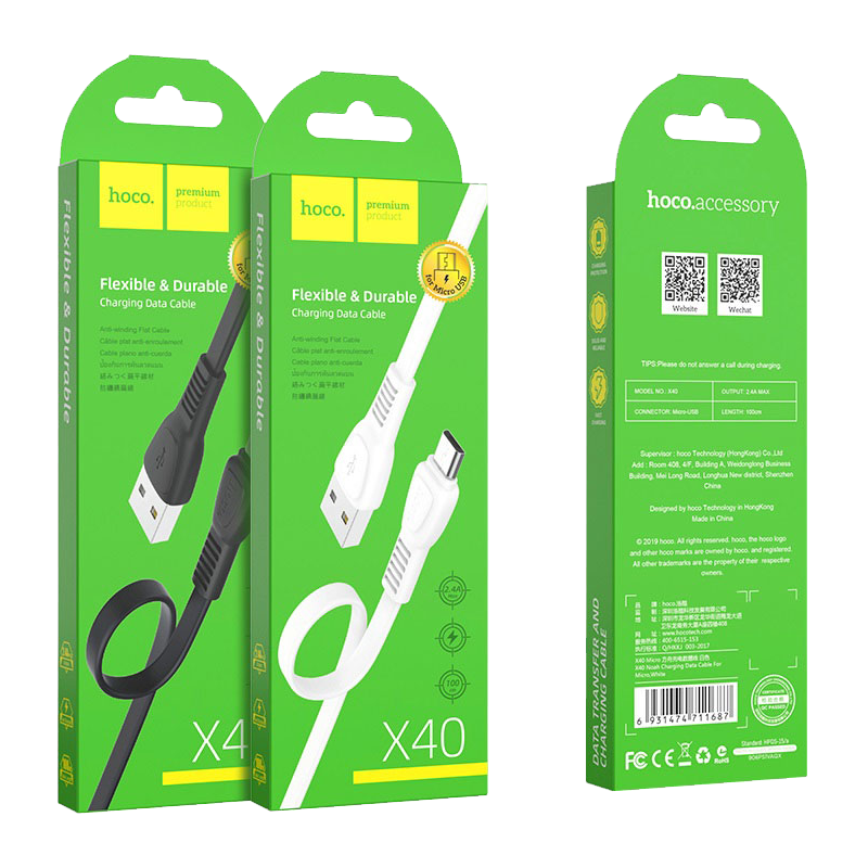 Кабель HOCO X40 USB (m)-microUSB (m) 1.0м 2.4A TPE черный (1/33/330)
