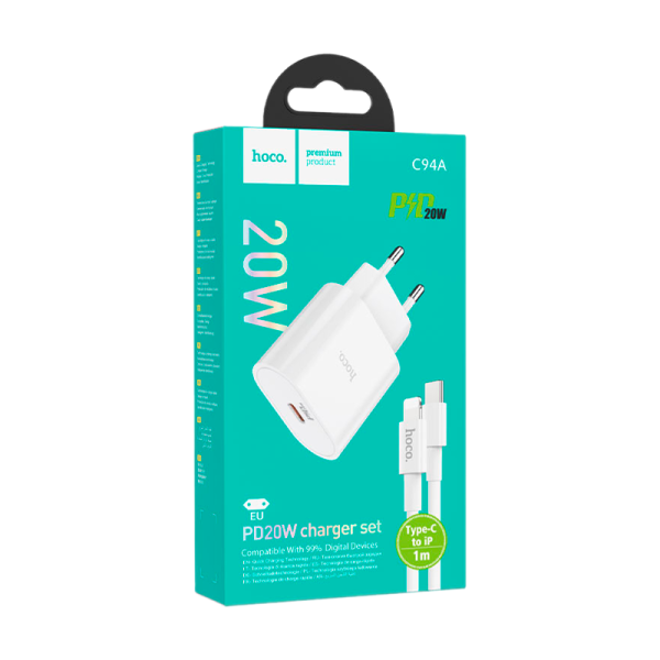 Сетевое З/У HOCO C94A Type-C 20W с кабелем Type-C-Lightning белый (1/13/130)