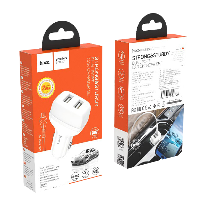Автомобильное З/У HOCO Z36 2USB 2.1A с кабелем microUSB белый (1/14/140)
