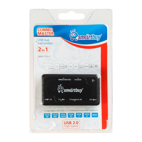 Картридер Smartbuy 750 USB2.0 SD/microSD/MS/M2 Combo с USB хабами черный (1/5)