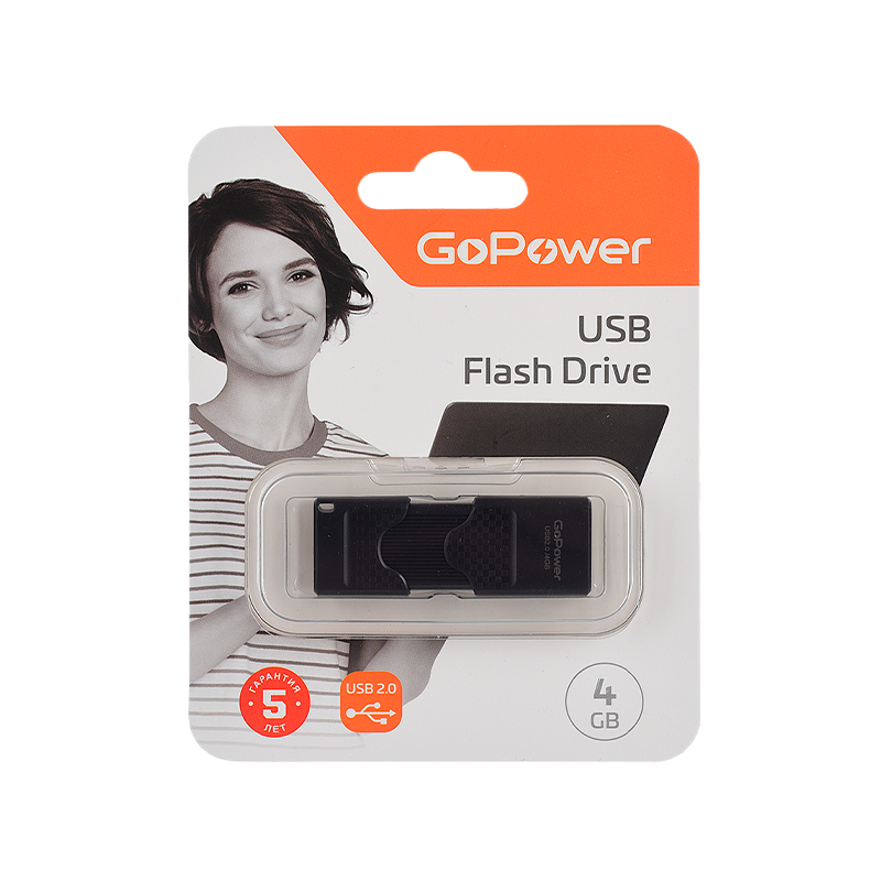 Флеш-накопитель GoPower SLIDER 4GB USB2.0 пластик черный матовый (1/50/1000)