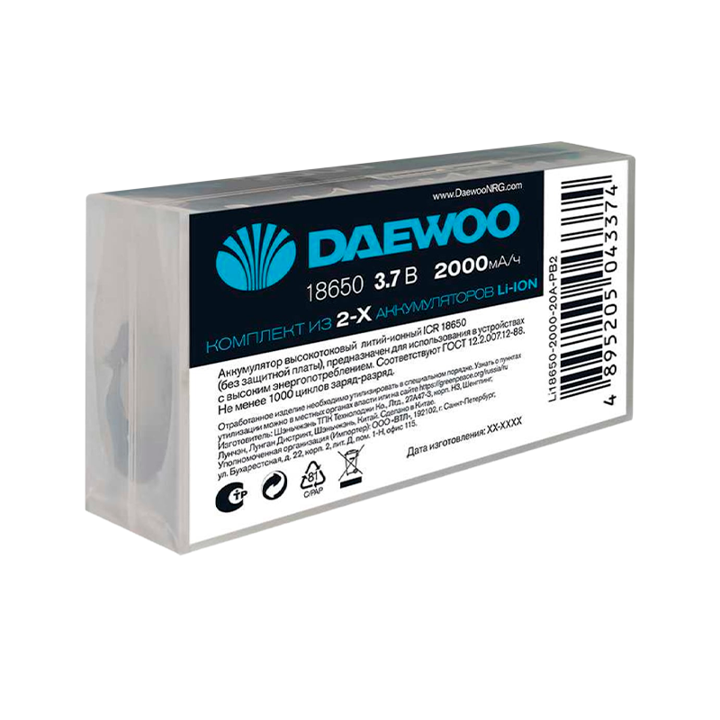 Аккумулятор Li-ion Daewoo 18650 BOX2 2000mAh без защиты (2/20/200)