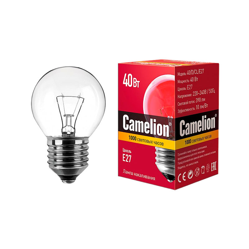 Лампа накаливания Camelion E27 40W 220V шар прозрачная (1/100)