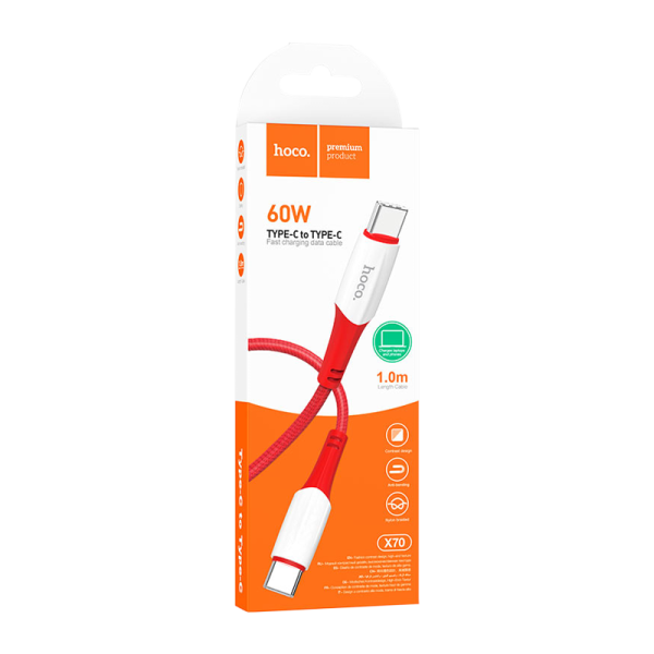 Кабель HOCO X70 Type-C (m)-Type-C (m) 1.0м 3.0A 60W нейлон красный (1/31/310)