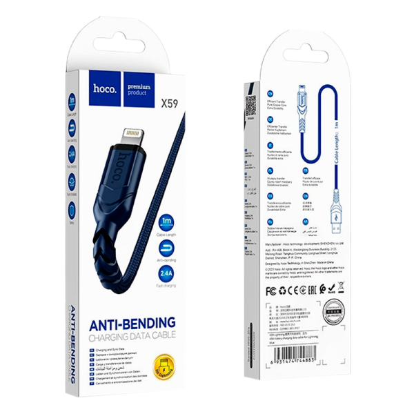 Кабель HOCO X59 USB (m)-Lightning (m) 1.0м 2.4A нейлон синий (1/30/300)