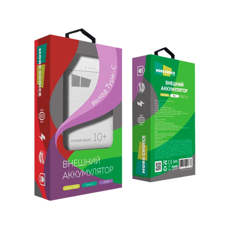 Внешний аккумулятор MORE CHOICE PB32-10 10000mAh 2.1A 2USB белый (1/10/100)