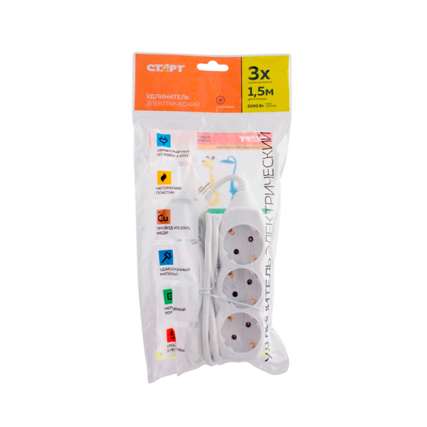 Удлинитель Старт S 3р.Б/З 10A 1.5м белый (1/20)