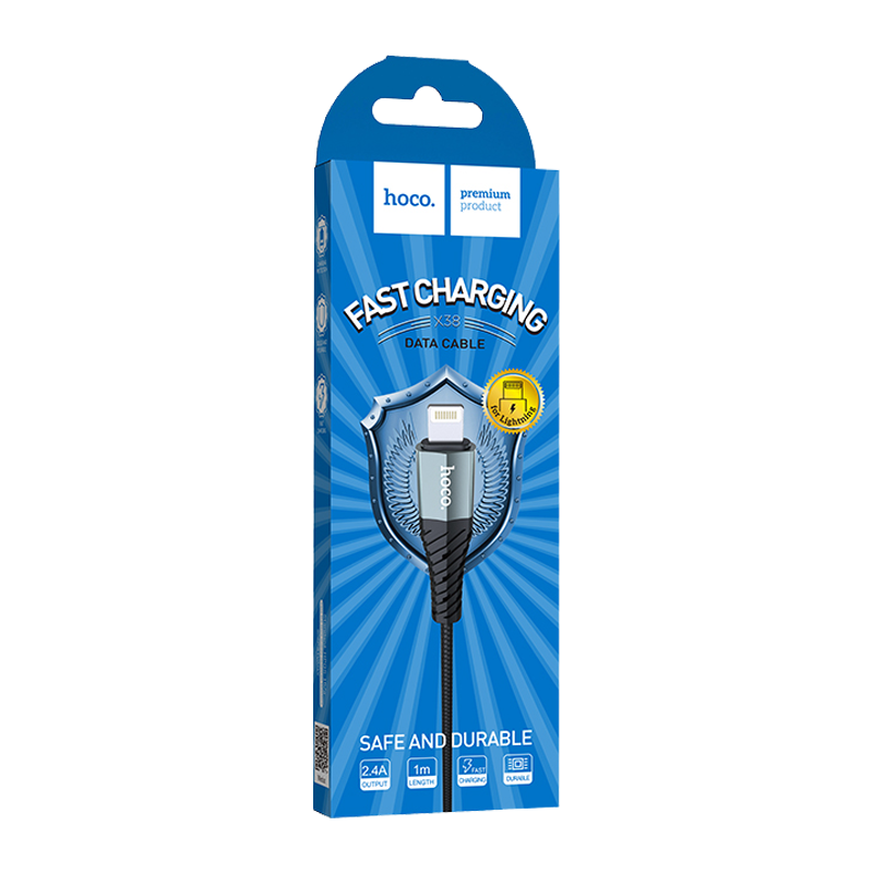 Кабель HOCO X38 USB (m)-Lightning (m) 1.0м 2.4A нейлон черный (1/30/300)