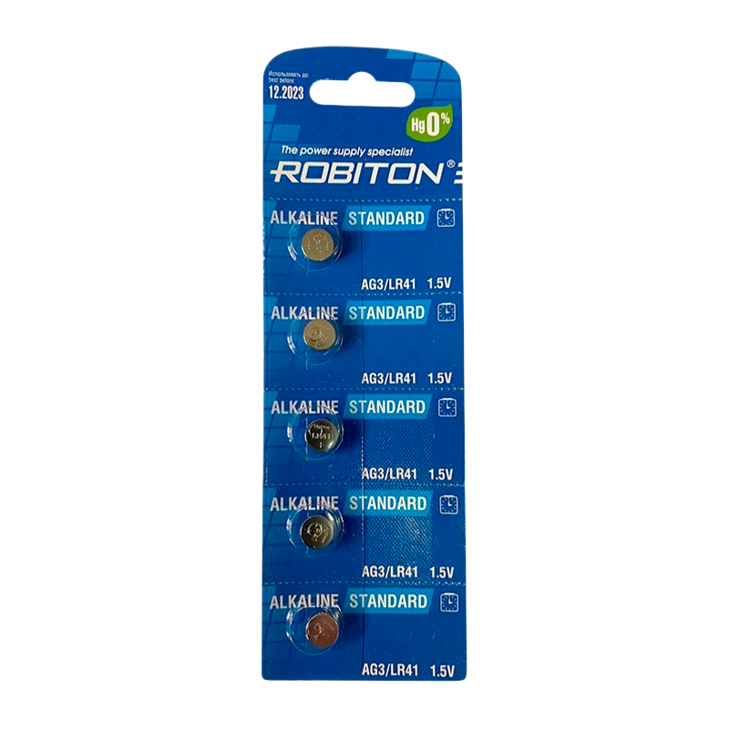 Батарейка ROBITON STANDARD R-AG3-0-BL5 (0% Hg) AG3 LR41 392 192 BL5 5/100/5000