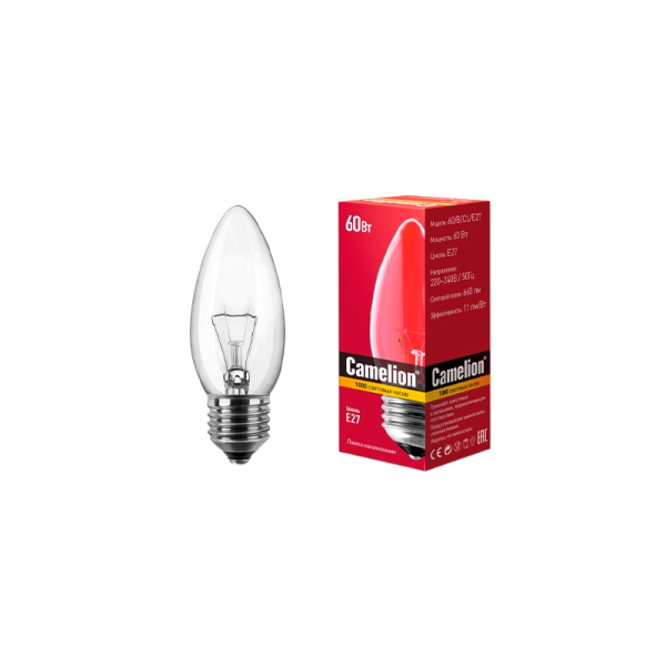 Лампа накаливания Camelion E27 60W 220V свеча матовая (1/100)