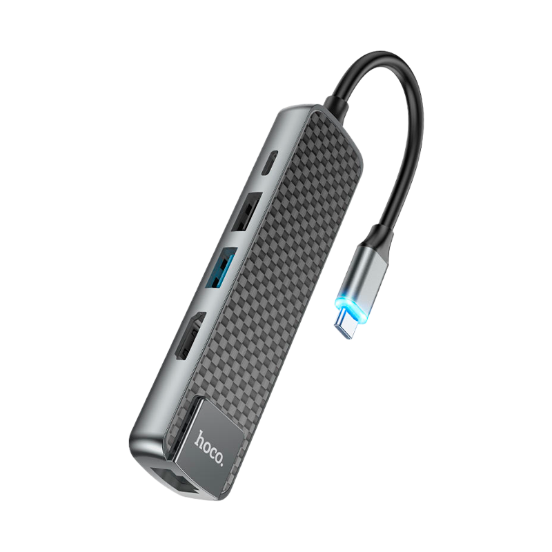 USB-Хаб HOCO HB23 2USB/Type-C/HDMI/RJ45 Type-C (m) USB3.0 серый (1/18/180)